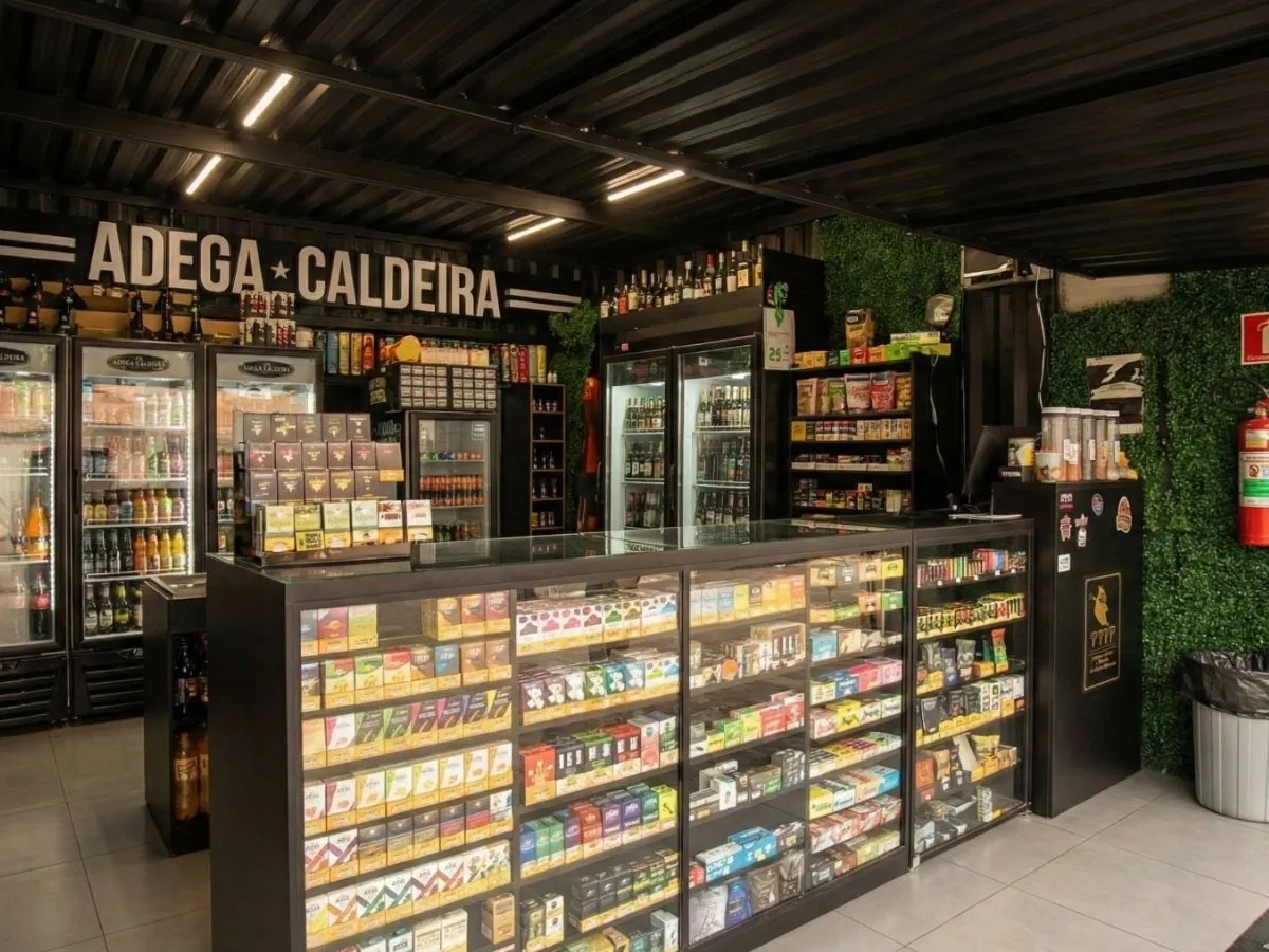 Balcão e prateleiras de bebidas e tabacaria